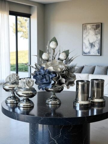 Çiçek Aranjmanı, Gümüş Mercan Kutular ve Mumluklar – Gümüş 5’li Set