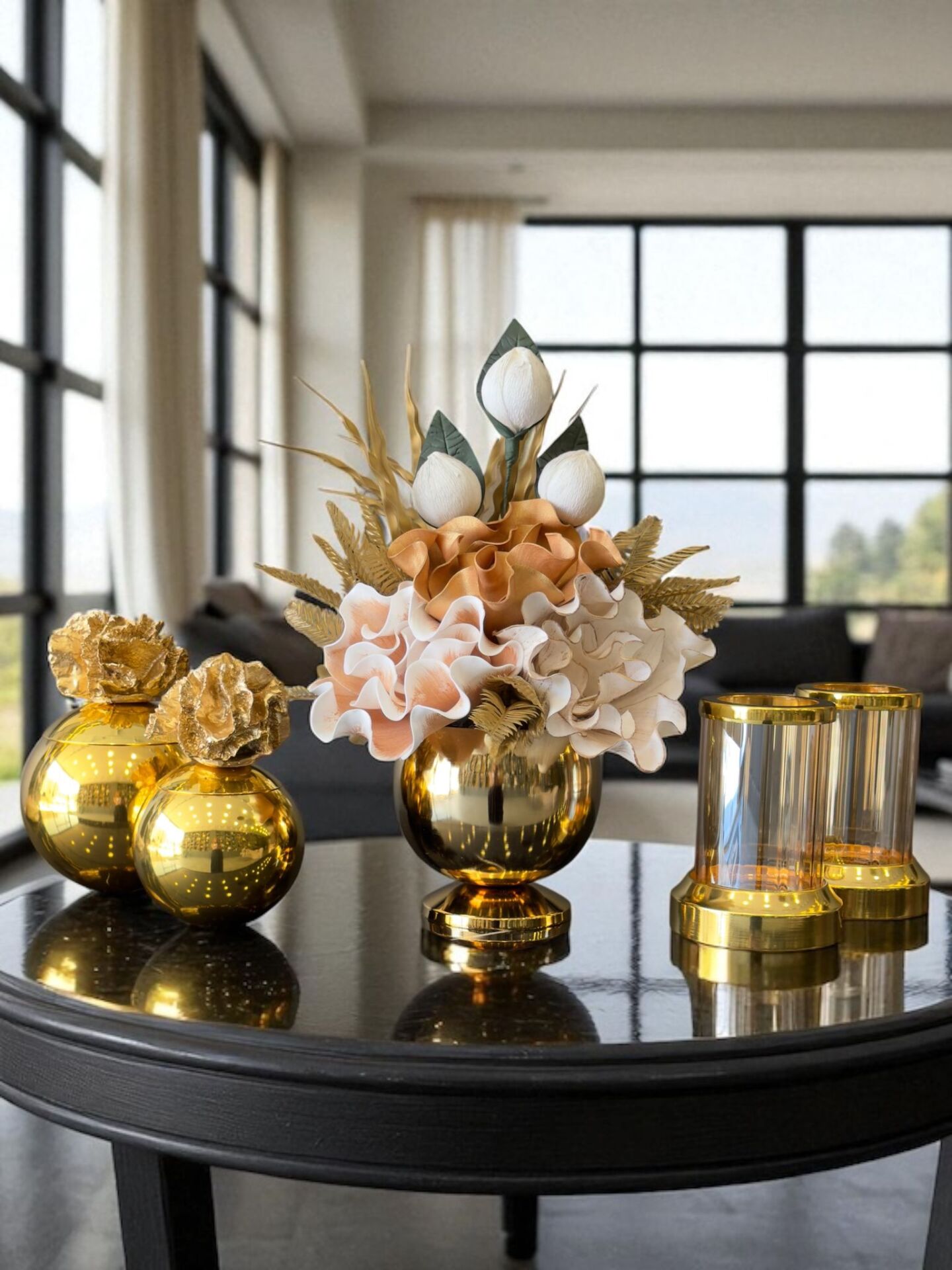 Çiçek Aranjmanı, Gold Mercan Kutular ve Mumluklar – Gold 5’li Set