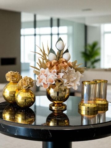 Çiçek Aranjmanı, Gold Mercan Kutular ve Mumluklar – Gold 5’li Set