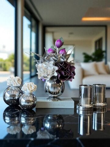 Çiçek Aranjmanı, Beyaz Mercan Kutular ve Mumluklar – Gümüş 5’li Set