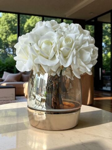 Metal Büyük Cam Vazo ve 3'lü Premium Beyaz Islak Gül - RoseGold