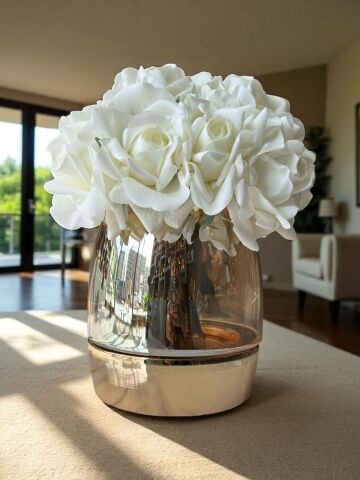 Metal Büyük Cam Vazo ve 3'lü Premium Beyaz Islak Gül - RoseGold