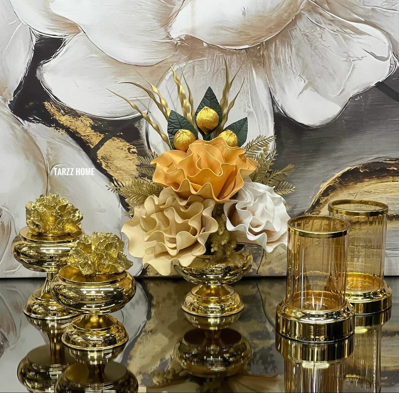 2 li Mercan & Çiçek aranjmanı & 2 li Mumluk Gold 5 Parça Set No:3