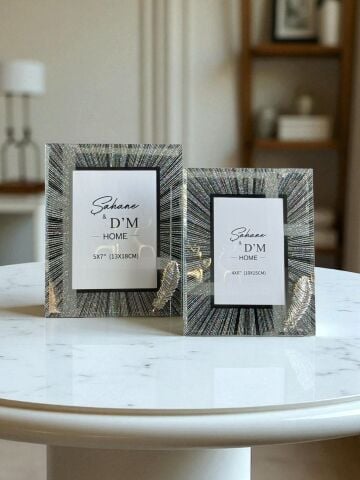 2'li Çizgili Tüy Dekor Çerçeve Takımı Gümüş