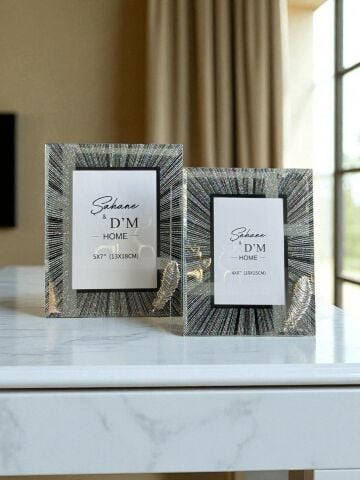 2'li Çizgili Tüy Dekor Çerçeve Takımı Gümüş