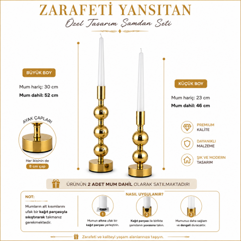 Dekoratif 2’li Top Şamdan Seti (Mum Dahil) - Renk Seçenekli Gold