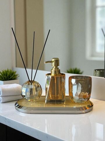 Premium Kristal Cam Banyo Seti – Bal / Gold 4’lü Set