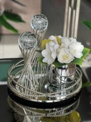 Zincir Tepsi Yuvarlak & 2'li Burgulu Cam Küre & Manolyalı Vazo 6 Parça Set Gümüş