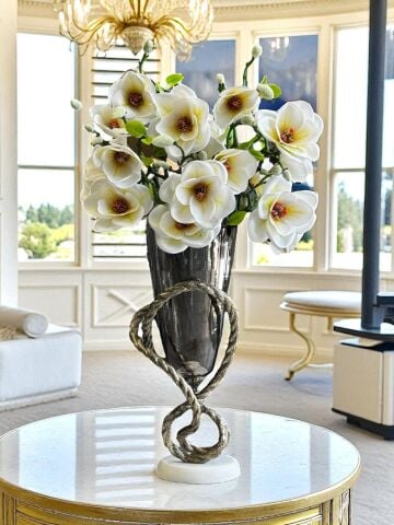 Döküm Halat Cam Vazo ve 6 Dal Manolya Aranjmanı – Eskitme