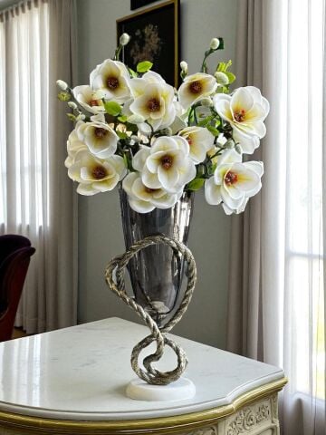 Döküm Halat Cam Vazo ve 6 Dal Manolya Aranjmanı – Eskitme