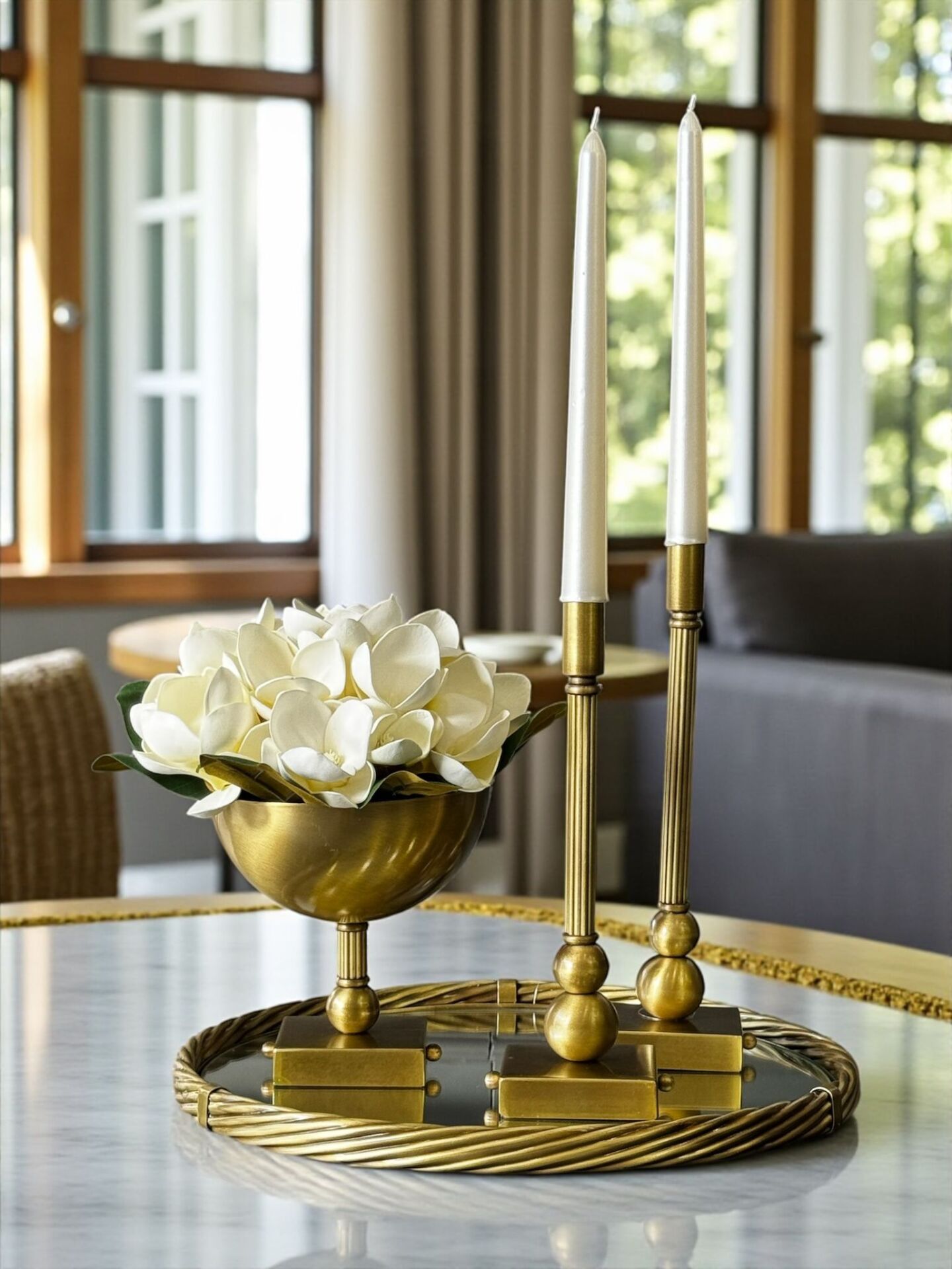 Burgu Profil Tepsi, Kare Saksı Aranjmanı & 2'li Kare Şamdan + Mum – Eskitme 3'lü Set