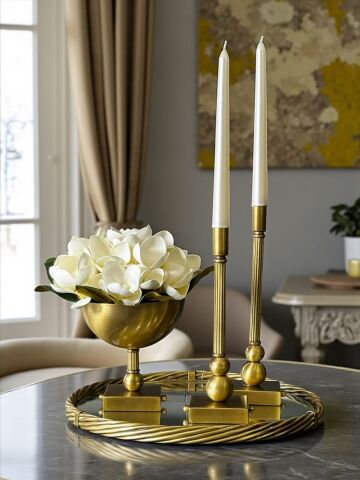 Burgu Profil Tepsi, Kare Saksı Aranjmanı & 2'li Kare Şamdan + Mum – Eskitme 3'lü Set