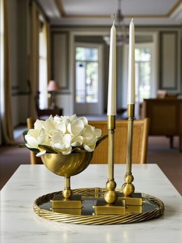 Burgu Profil Tepsi, Kare Saksı Aranjmanı & 2'li Kare Şamdan + Mum – Eskitme 3'lü Set