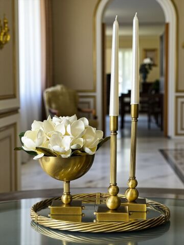 Burgu Profil Tepsi, Kare Saksı Aranjmanı & 2'li Kare Şamdan + Mum – Eskitme 3'lü Set