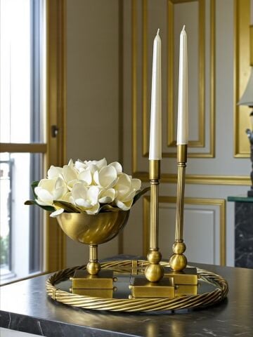 Burgu Profil Tepsi, Kare Saksı Aranjmanı & 2'li Kare Şamdan + Mum – Eskitme 3'lü Set