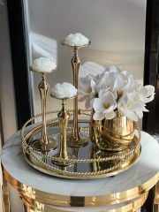 Zincir Tepsi & 3'lü Cam Mumluk şakayık & Çiçek aranjmanı Gold 10 Parça Set no:2