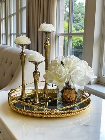 Zincir Tepsi & 3'lü Magic Mumluk & 10'lu Islak Gül Aranjmanı Set – Gold