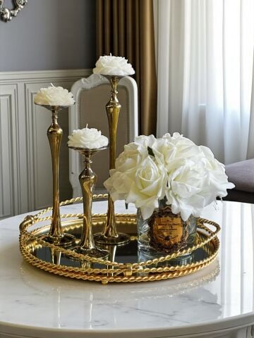 Zincir Tepsi & 3'lü Magic Mumluk & 10'lu Islak Gül Aranjmanı Set – Gold