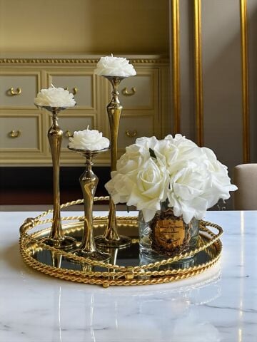 Zincir Tepsi & 3'lü Magic Mumluk & 10'lu Islak Gül Aranjmanı Set – Gold