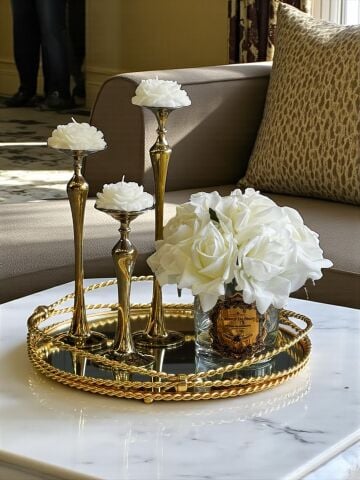 Zincir Tepsi & 3'lü Magic Mumluk & 10'lu Islak Gül Aranjmanı Set – Gold