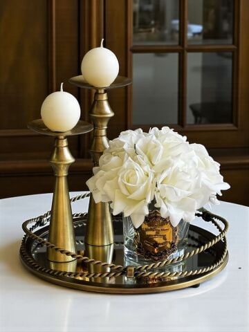 Zincir Tepsi, Cam Vazo Islak 10'lu Gül & 2'li Huni Şamdan + Mum / Eskitme – 3 Parça SET