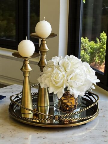 Zincir Tepsi, Cam Vazo Islak 10'lu Gül & 2'li Huni Şamdan + Mum / Eskitme – 3 Parça SET