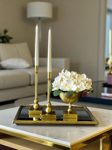 Burgu Profil Tepsi, Kare Saksı Aranjmanı & 2'li Kare Şamdan + Mum – Eskitme 3'lü Set