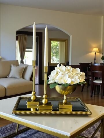 Burgu Profil Tepsi, Kare Saksı Aranjmanı & 2'li Kare Şamdan + Mum – Eskitme 3'lü Set