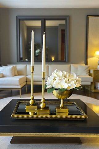 Burgu Profil Tepsi, Kare Saksı Aranjmanı & 2'li Kare Şamdan + Mum – Eskitme 3'lü Set