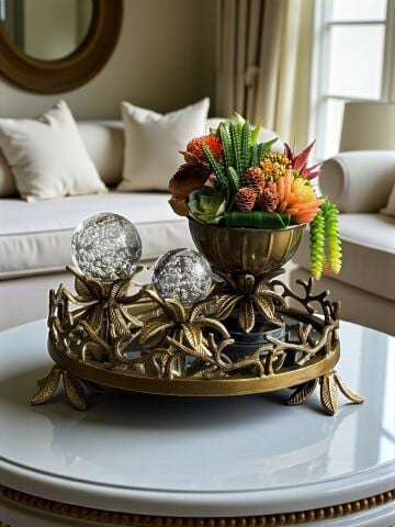 Yaprak Döküm Tepsi, 2’li Yaprak Küre & Sukulent Saksı – Eskitme 3'lü Set