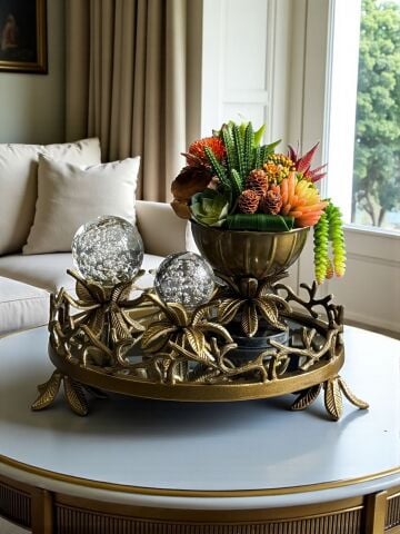 Yaprak Döküm Tepsi, 2’li Yaprak Küre & Sukulent Saksı – Eskitme 3'lü Set