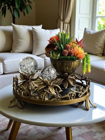 Yaprak Döküm Tepsi, 2’li Yaprak Küre & Sukulent Saksı – Eskitme 3'lü Set