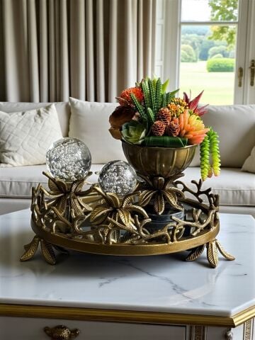 Yaprak Döküm Tepsi, 2’li Yaprak Küre & Sukulent Saksı – Eskitme 3'lü Set