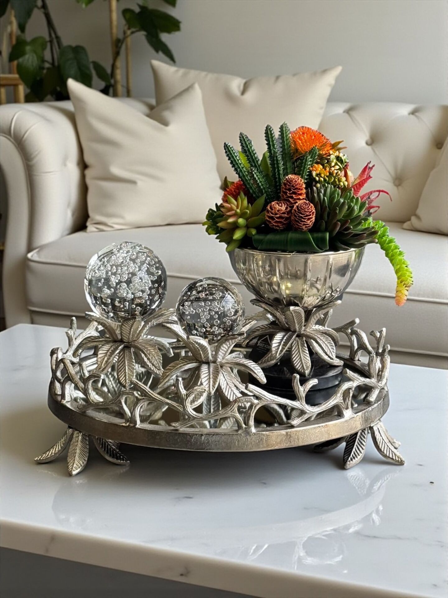 Yaprak Döküm Tepsi, 2’li Yaprak Küre & Sukulent Saksı – Gümüş 3'lü Set