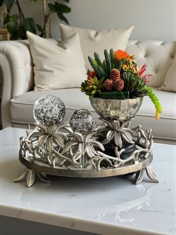 Yaprak Döküm Tepsi, 2’li Yaprak Küre & Sukulent Saksı – Gümüş 3'lü Set