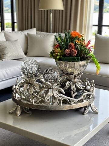 Yaprak Döküm Tepsi, 2’li Yaprak Küre & Sukulent Saksı – Gümüş 3'lü Set