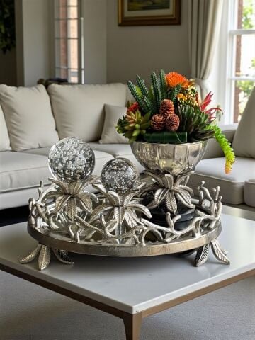 Yaprak Döküm Tepsi, 2’li Yaprak Küre & Sukulent Saksı – Gümüş 3'lü Set