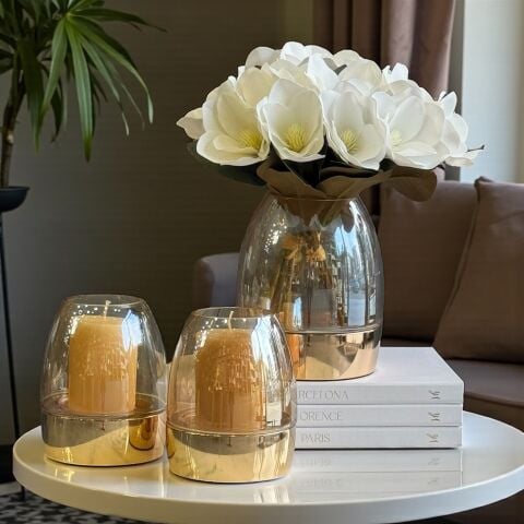 Metalli B.Cam Vazo Manolya Aranjman & 2’li Küçük Mumluk Seti – RoseGold