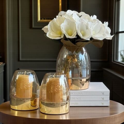 Metalli B.Cam Vazo Manolya Aranjman & 2’li Küçük Mumluk Seti – RoseGold