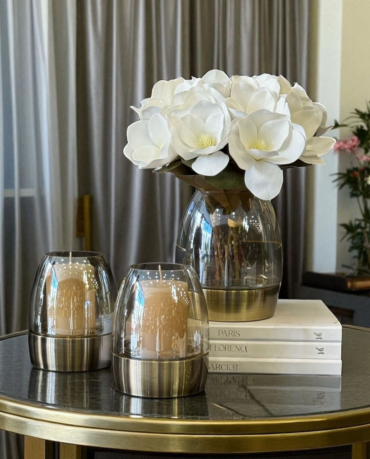 Metalli B.Cam Vazo Manolya Aranjman & 2’li Küçük Mumluk Seti – Eskitme