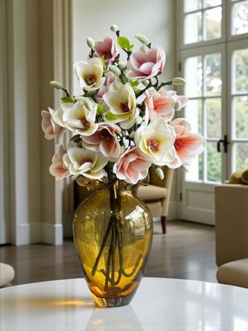 Büyük Cam Vazo Amber Mix Manolya Aranjmanı 6’lı