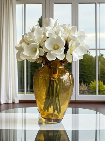 Küçük Cam Vazo Amber Manolya Aranjmanı 3’lü