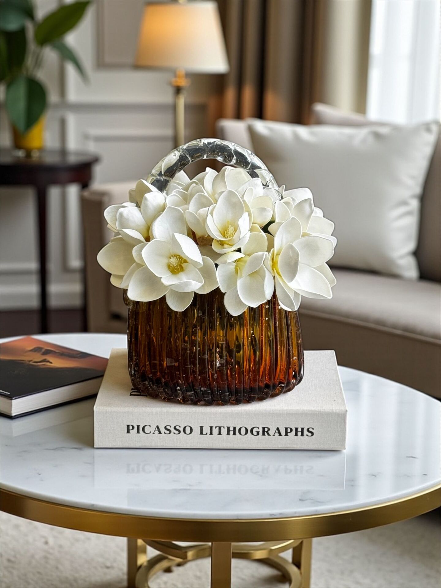 İthal Cam Çanta – Amber Renk / Manolya Aranjmanı 3'lü