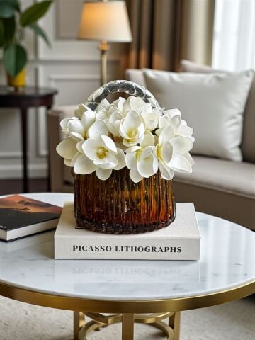 İthal Cam Çanta – Amber Renk / Manolya Aranjmanı 3'lü