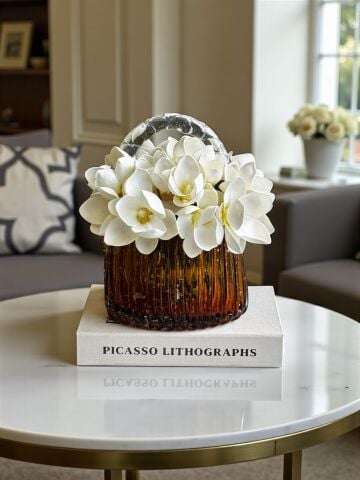 İthal Cam Çanta – Amber Renk / Manolya Aranjmanı 3'lü