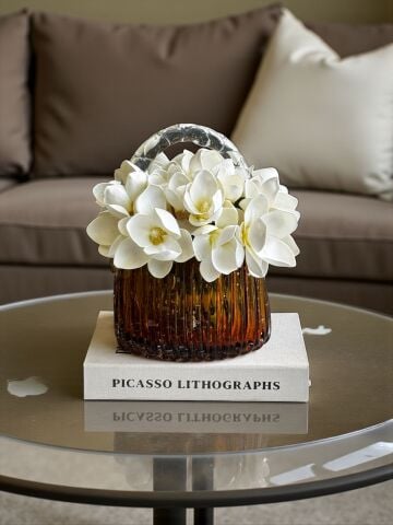 İthal Cam Çanta – Amber Renk / Manolya Aranjmanı 3'lü