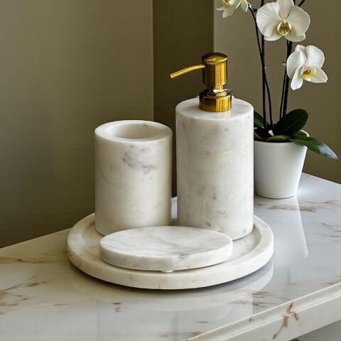 Doğal Mermer Banyo Seti 4 Parça – Beyaz