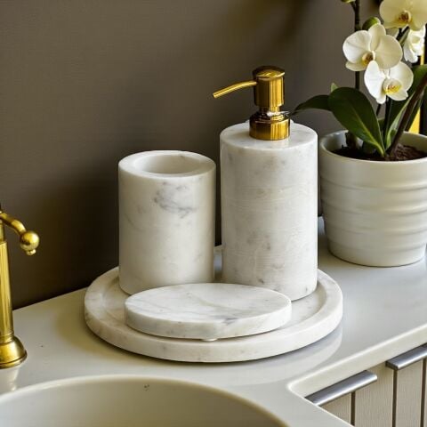 Doğal Mermer Banyo Seti 4 Parça – Beyaz