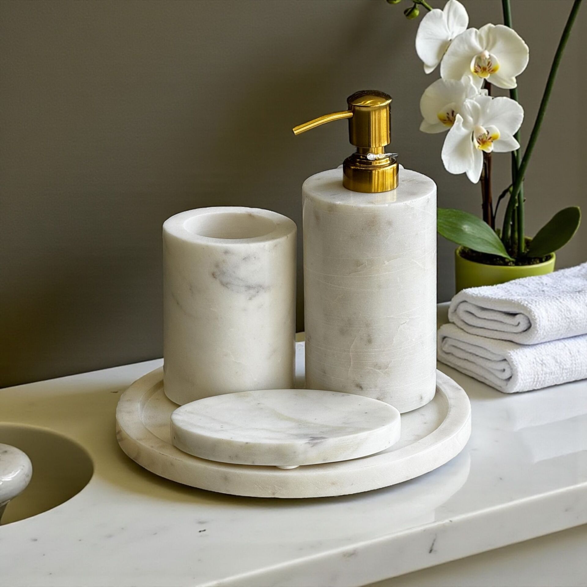 Doğal Mermer Banyo Seti 4 Parça – Beyaz