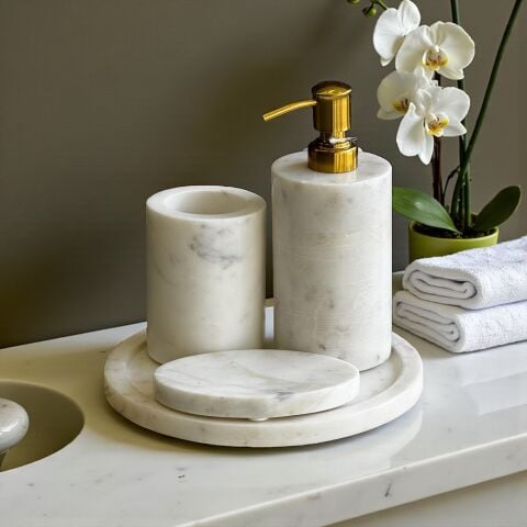 Doğal Mermer Banyo Seti 4 Parça – Beyaz